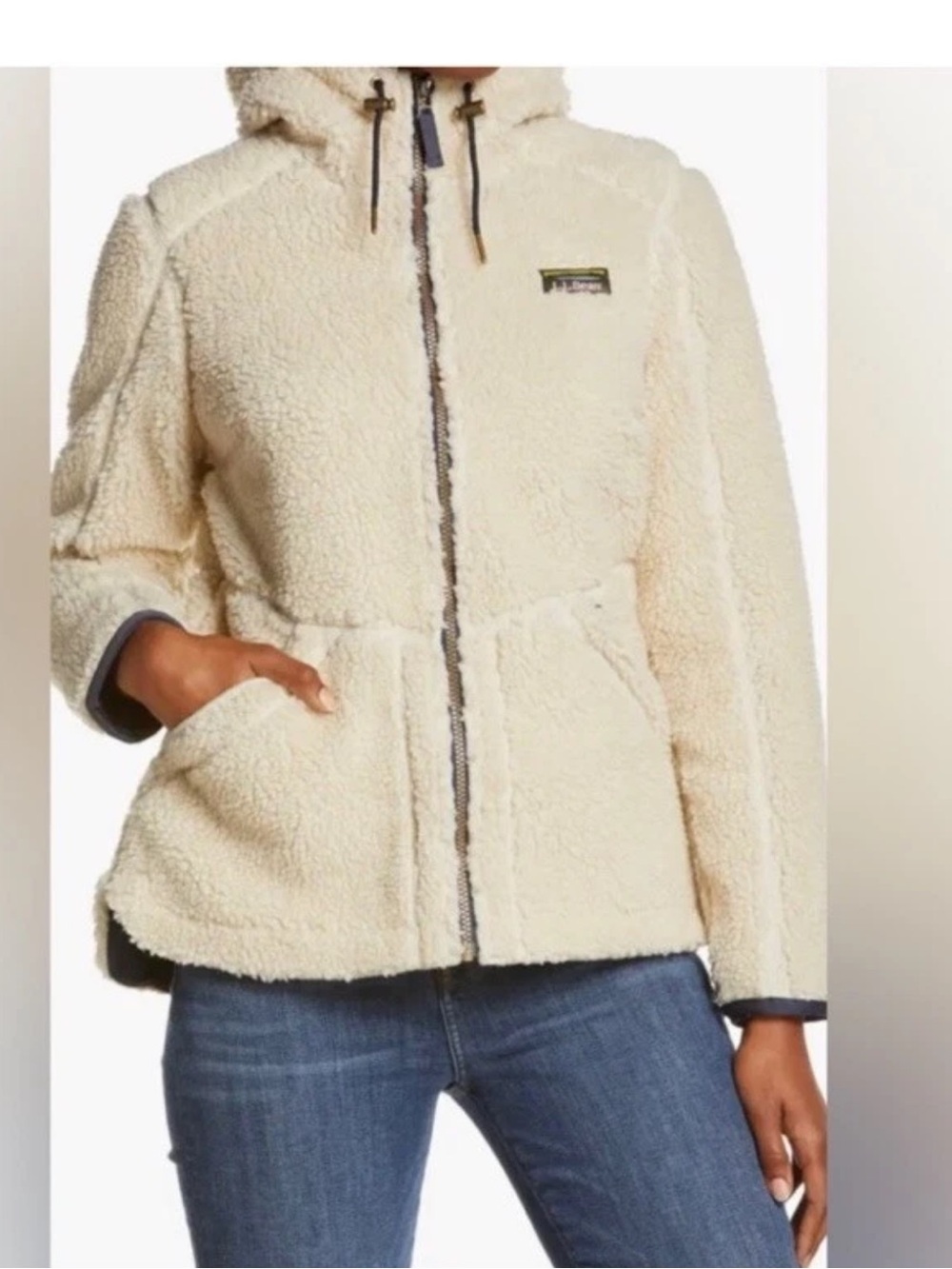 L.L. Bean Mountain High Pile Sherpa Fleece Hoodie Jacket Cream Navy Small
